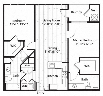Floor plan for 2 beds, 2 baths, 1049 sqft
